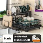 2-Tier Wrought-Iron Dish Rack — Foldable Countertop Organizer with Draining Board & Utensil Holder