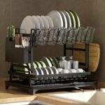 Double-Layer Steel Dish Rack — Countertop Organizer with Drain Board & Cup Holders