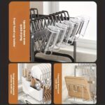 Double-Layer Steel Dish Rack — Countertop Organizer with Drain Board & Cup Holders - Image 5