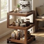 3-tier wooden rolling coffee cart with espresso machine and mugs in Qatar