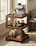 3-tier wooden rolling coffee cart with espresso machine and mugs in Qatar