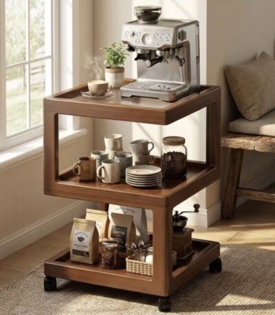 3-tier wooden rolling coffee cart with espresso machine and mugs in Qatar