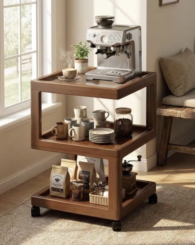 3-tier wooden rolling coffee cart with espresso machine and mugs in Qatar