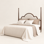 Walnut bedroom set Qatar – upholstered poster bed with scalloped ivory headboard Bedside table: Walnut bobbin-leg bedside table with brass knob drawer and lower shelf Dressing table: Walnut dressing table with tri-fold mirror, brass knobs and beige upholstered stool