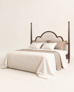 Walnut bedroom set Qatar – upholstered poster bed with scalloped ivory headboard Bedside table: Walnut bobbin-leg bedside table with brass knob drawer and lower shelf Dressing table: Walnut dressing table with tri-fold mirror, brass knobs and beige upholstered stool