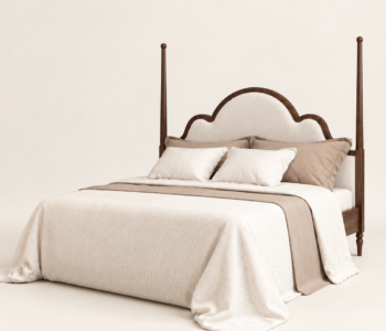 Walnut bedroom set Qatar – upholstered poster bed with scalloped ivory headboard Bedside table: Walnut bobbin-leg bedside table with brass knob drawer and lower shelf Dressing table: Walnut dressing table with tri-fold mirror, brass knobs and beige upholstered stool