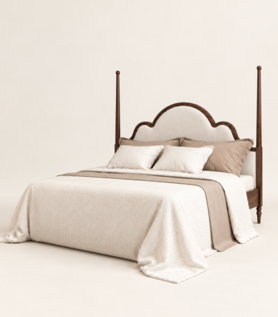 Walnut bedroom set Qatar – upholstered poster bed with scalloped ivory headboard Bedside table: Walnut bobbin-leg bedside table with brass knob drawer and lower shelf Dressing table: Walnut dressing table with tri-fold mirror, brass knobs and beige upholstered stool