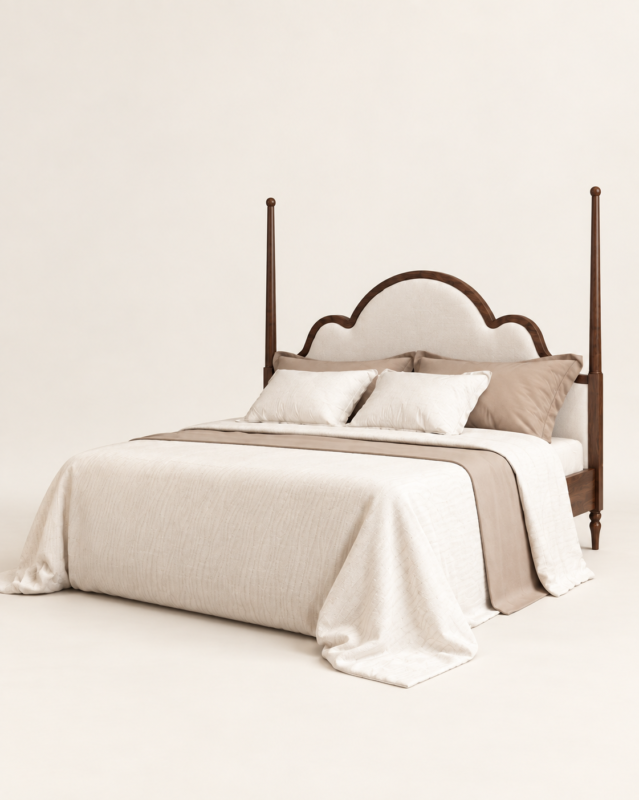 Walnut bedroom set Qatar – upholstered poster bed with scalloped ivory headboard Bedside table: Walnut bobbin-leg bedside table with brass knob drawer and lower shelf Dressing table: Walnut dressing table with tri-fold mirror, brass knobs and beige upholstered stool