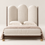 Arched upholstered bed Qatar – ivory triple-panel headboard with dark wood frame and brass legs