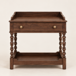 Walnut bedside table Qatar – bobbin leg nightstand with brass knob drawer and lower shelf