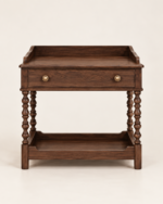 Walnut bedside table Qatar – bobbin leg nightstand with brass knob drawer and lower shelf