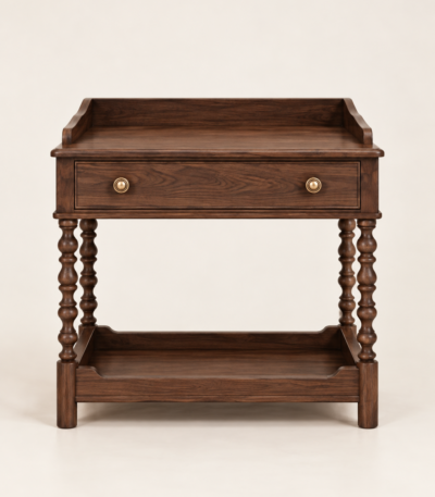Walnut bedside table Qatar – bobbin leg nightstand with brass knob drawer and lower shelf