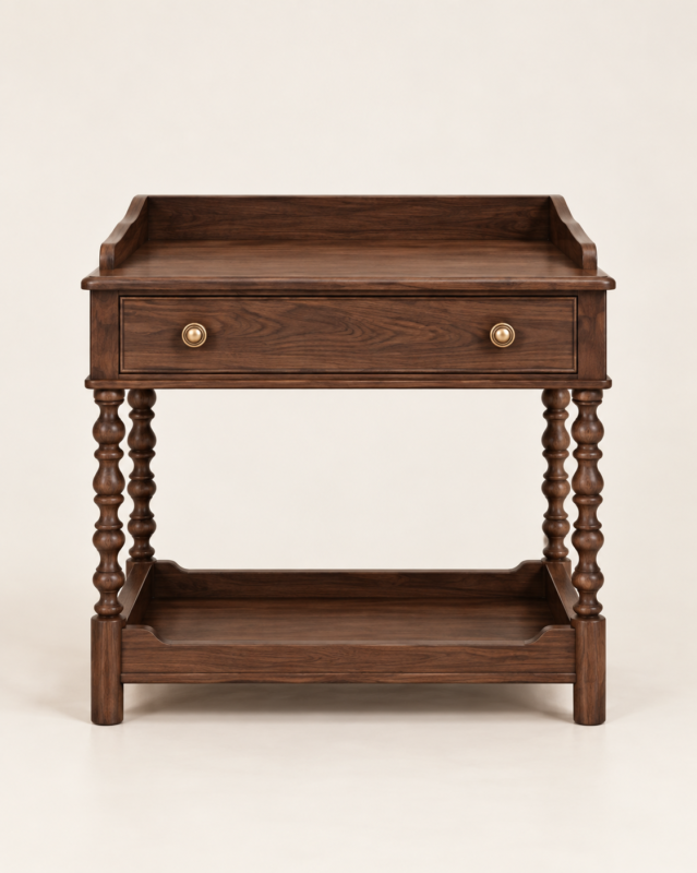 Walnut bedside table Qatar – bobbin leg nightstand with brass knob drawer and lower shelf