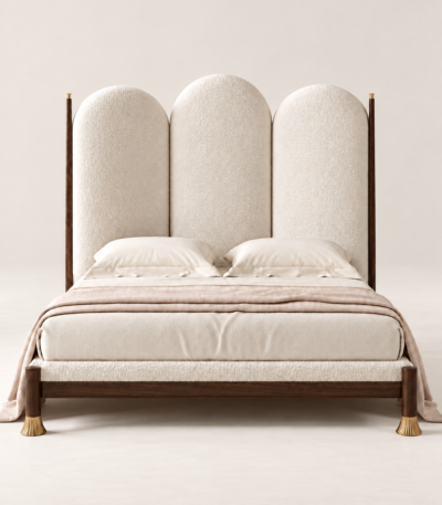 Arched upholstered bed Qatar – ivory triple-panel headboard with dark wood frame and brass legs