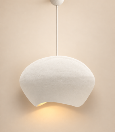 White pebble-shaped wabi-sabi pendant light with textured finish and warm glow, 70 cm