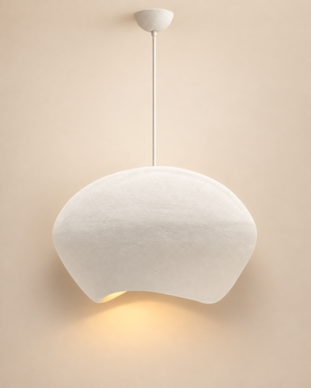 White pebble-shaped wabi-sabi pendant light with textured finish and warm glow, 70 cm