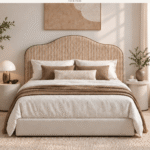 Upholstered bed in Qatar with fluted arch headboard in natural wood and cream fabric base