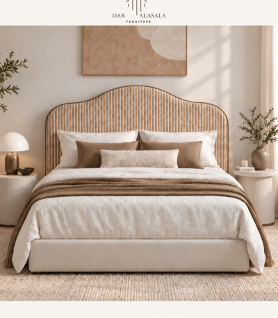 Upholstered bed in Qatar with fluted arch headboard in natural wood and cream fabric base