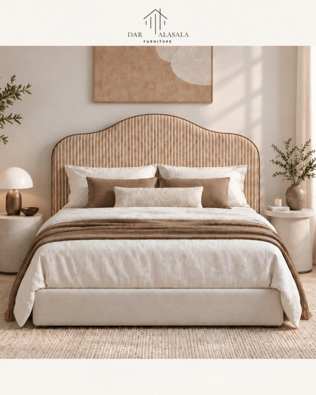 Upholstered bed in Qatar with fluted arch headboard in natural wood and cream fabric base