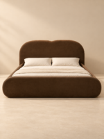 Luxury Brown Velvet Cloud Bed – Curved Upholstered Headboard, King & Queen Size - Image 3