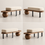 Walnut Sphere Bench chair with Bouclé Cushion - Image 4