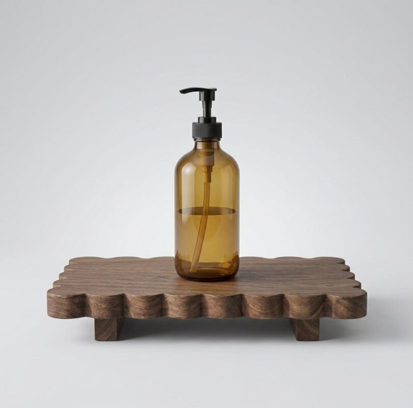 Original solid wood home decor rack with scalloped edge holding a soap dispenser and potted ivy