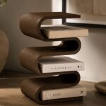 Yellow leather book band holding stack of books on nightstand