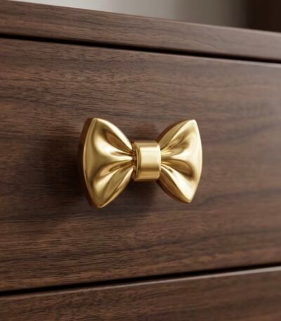 Solid brass drawer handle shaped like a bow with polished gold finish