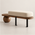 Walnut Sphere Bench chair with Bouclé Cushion - Image 2