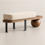 Walnut Sphere Bench chair with Bouclé Cushion - Image 3