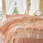 Vintage Lace Duvet Cover Set — 1 Duvet Cover + 2 Pillowcases with Floral Embroidery & Ruffle Trim | Qatar - Image 3