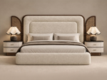 Cream Upholstered Bed with Rattan Cane Side Panels – King & Queen Size - Image 4