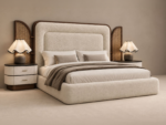 Cream Upholstered Bed with Rattan Cane Side Panels – King & Queen Size - Image 3