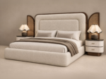 Cream Upholstered Bed with Rattan Cane Side Panels – King & Queen Size - Image 2