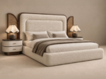 Cream upholstered bed with walnut frame and rattan cane side panels – Dar Al Asala Qatar