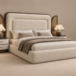 Cream upholstered bed with walnut frame and rattan cane side panels – Dar Al Asala Qatar