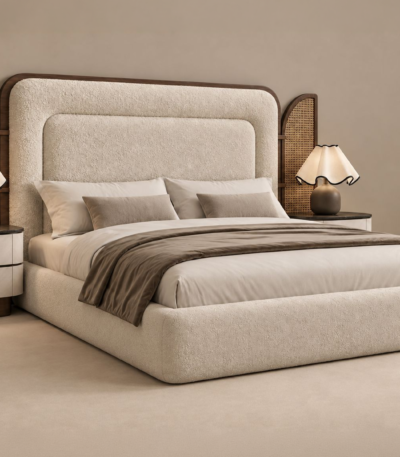 Cream upholstered bed with walnut frame and rattan cane side panels – Dar Al Asala Qatar