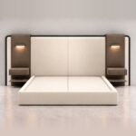 Super king size bed with night table set and LED reading lights, front view