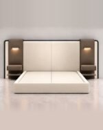Super king size bed with night table set and LED reading lights, front view
