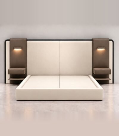 Super king size bed with night table set and LED reading lights, front view