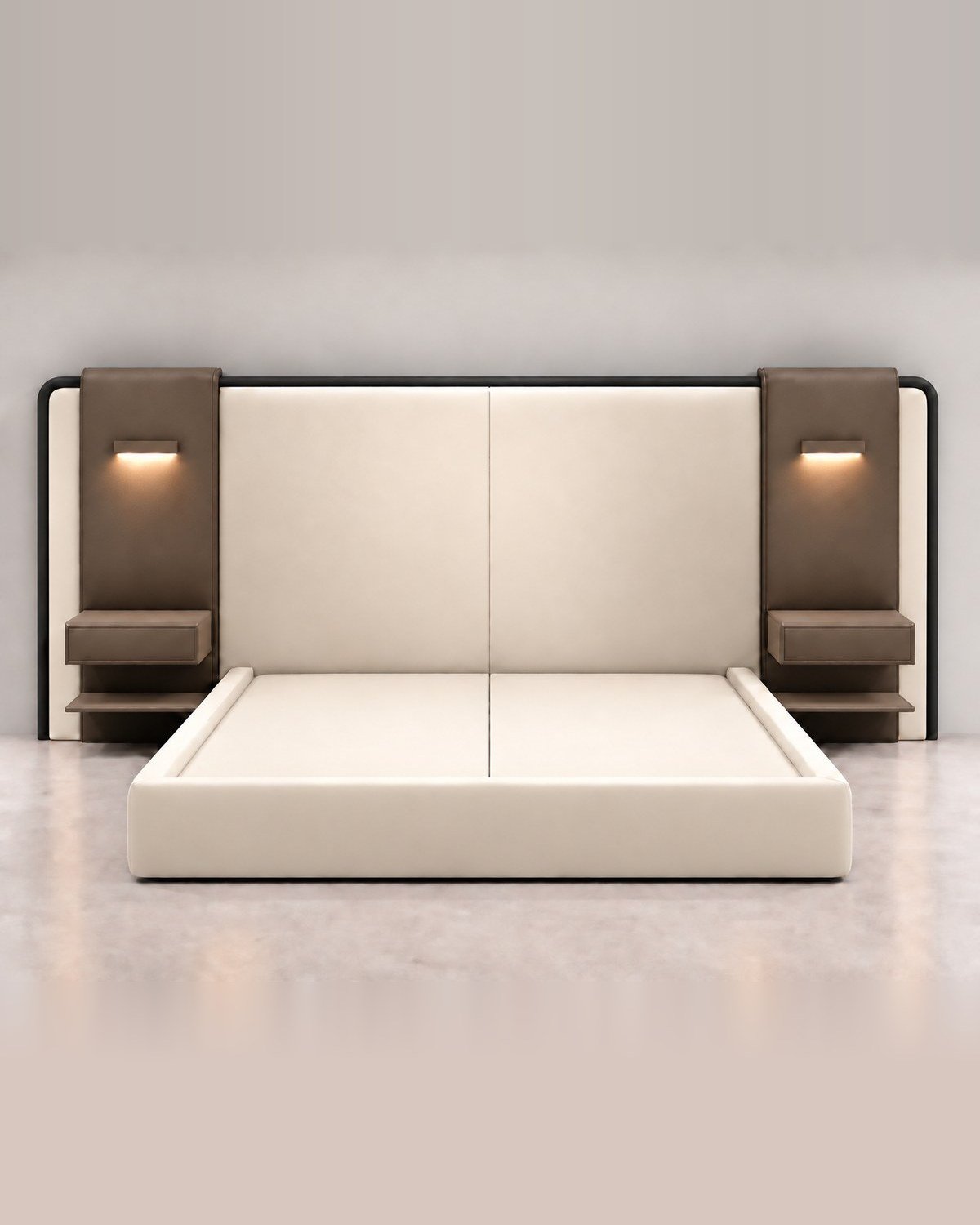 Super King Size Bed with Night Table Set Front View Super king size bed with night table set and LED reading lights, front view