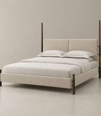 Arden upholstered four-poster bed with oatmeal fabric split headboard, slim wooden posts and dark bronze metal details
