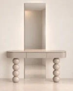 Pearl oval dressing table with three drawers, stacked sphere legs and tall wall mirror