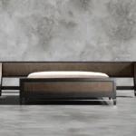 Luxury wooden King and Super King bed with brown upholstered headboard and tapered brass-capped legs
