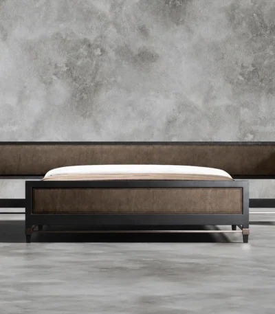 Luxury wooden King and Super King bed with brown upholstered headboard and tapered brass-capped legs