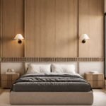 Luxury oak bedroom furniture Qatar, super king bed with full-height wall panel and fluted wood strip