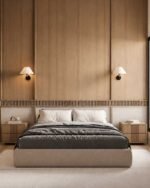 Luxury oak bedroom furniture Qatar, super king bed with full-height wall panel and fluted wood strip