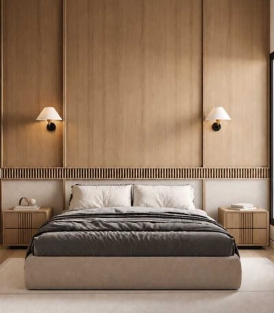 Luxury oak bedroom furniture Qatar, super king bed with full-height wall panel and fluted wood strip