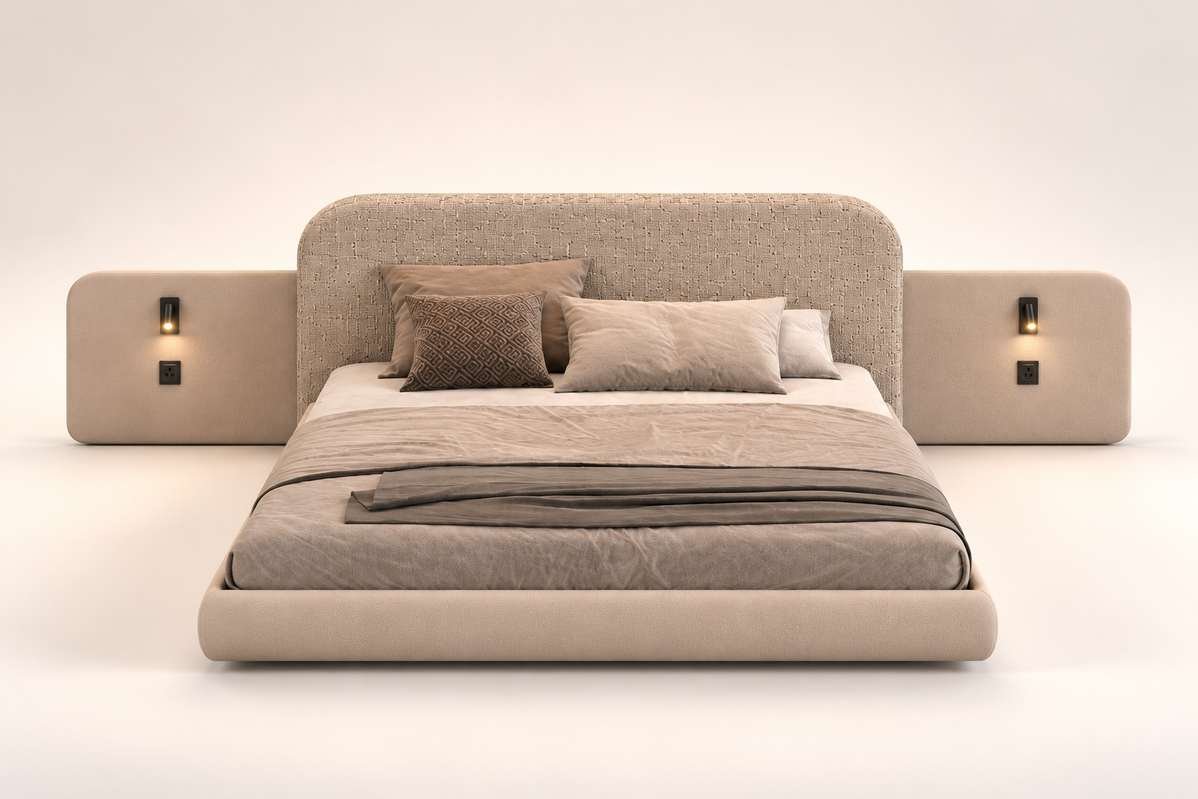 Pearl 200x200 super king upholstered bed with textured headboard and side panels with built-in reading lights