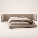 Arc Upholstered Low Platform Bed with Wraparound Headboard – Beige